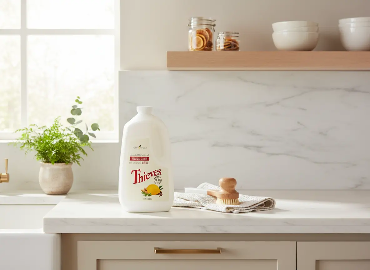 Escena editorial de hogar natural con producto Young Living