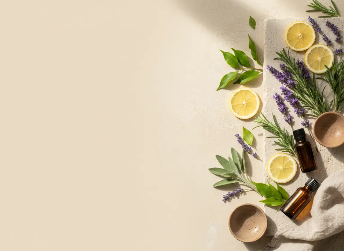 Composición natural premium inspirada en bienestar, aceites esenciales y botánicos