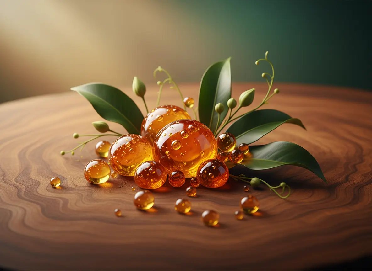 Ingrediente principal de Copaiba Young Living con resina dorada, textura botánica cálida y estética premium