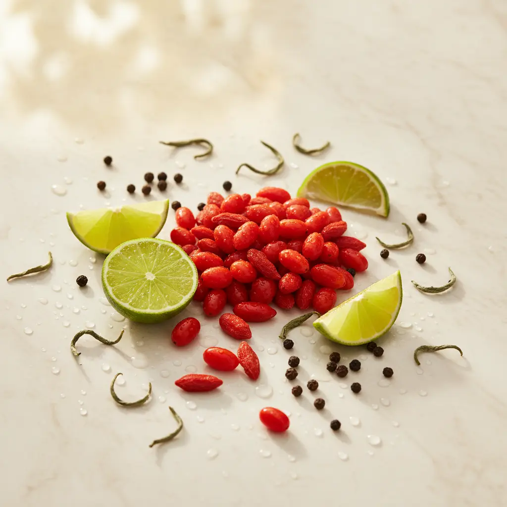Ingredientes de NingXia Zyng Young Living - bebida chispeante con bayas de goji, té blanco, pimienta negra y lima
