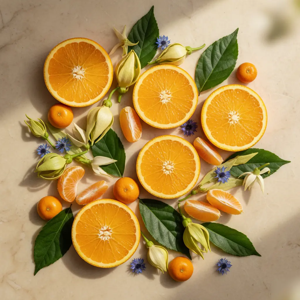 Ingredientes principales de Peace & Calming: ylang ylang, tanaceto azul, pachulí, naranja y clementina - componentes botánicos de Peace & Calming Young Living