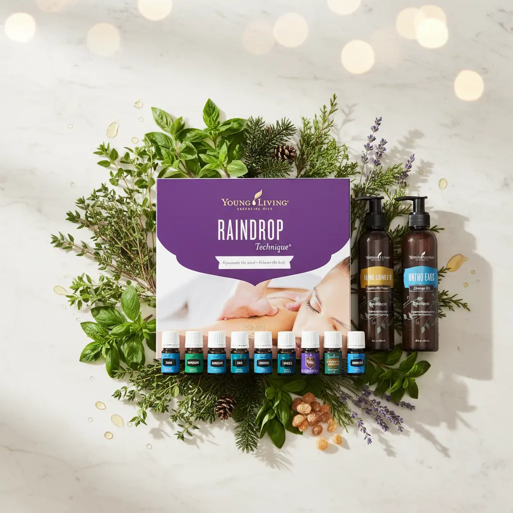 Colección Raindrop Technique® - Young Living España: set premium con 9 aceites esenciales y 2 aceites de masaje para ritual aromático de relajación y bienestar