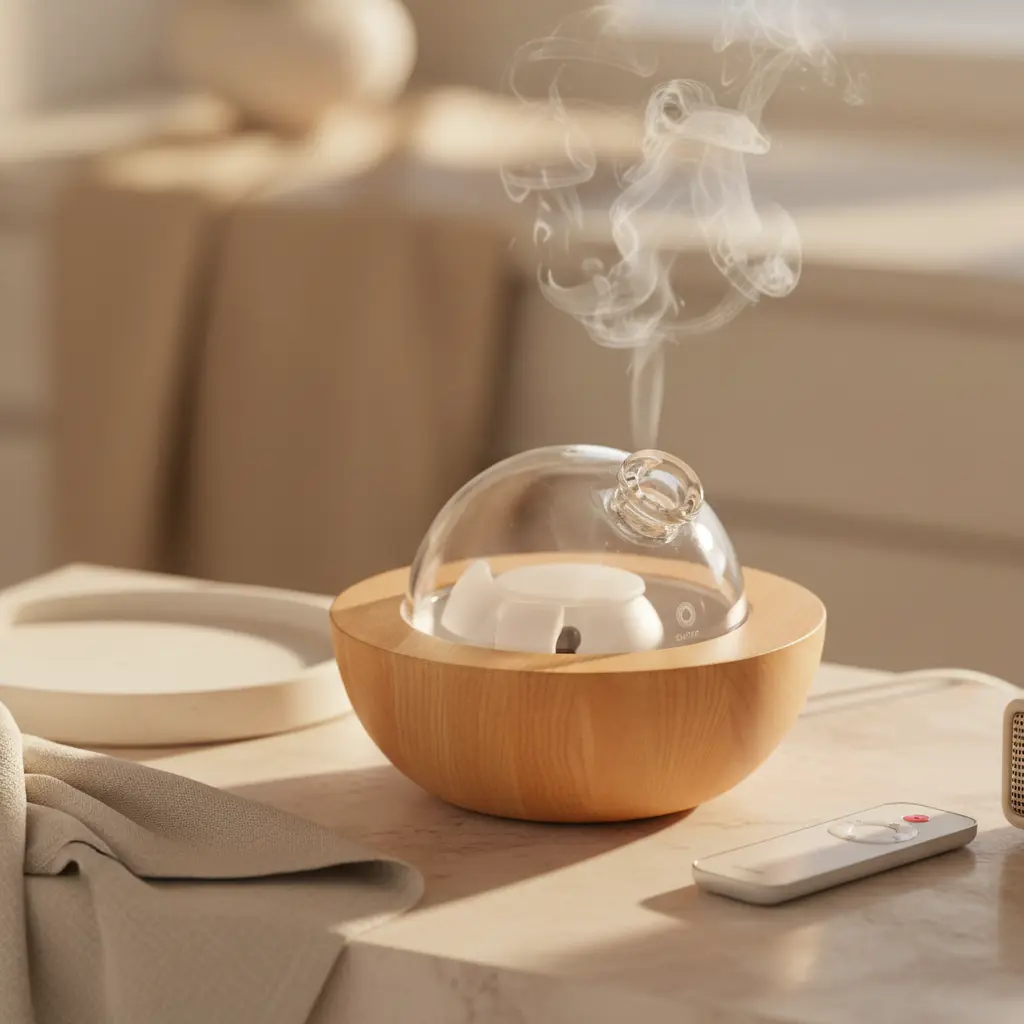 Difusor de aromaterapia de lujo Aria con cúpula de cristal y base de madera premium