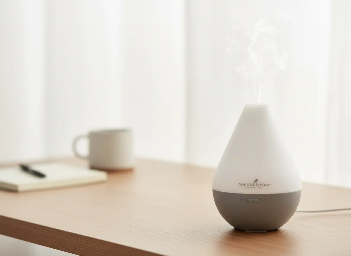 Difusor Dewdrop en escritorio de oficina para teletrabajo y foco