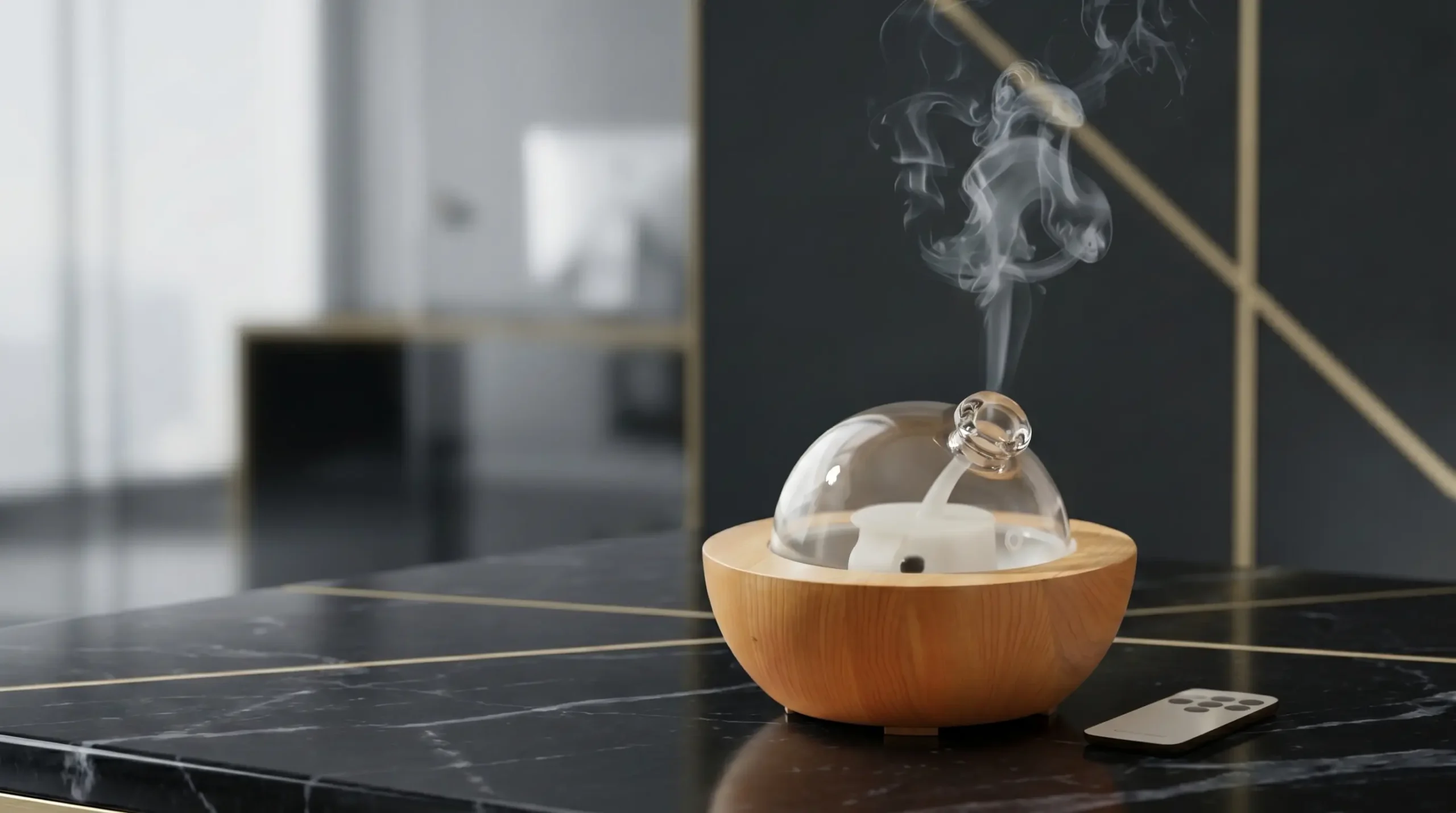 Difusor de aceites esenciales ultrasónico de diseño premium en negro y dorado purificando el ambiente