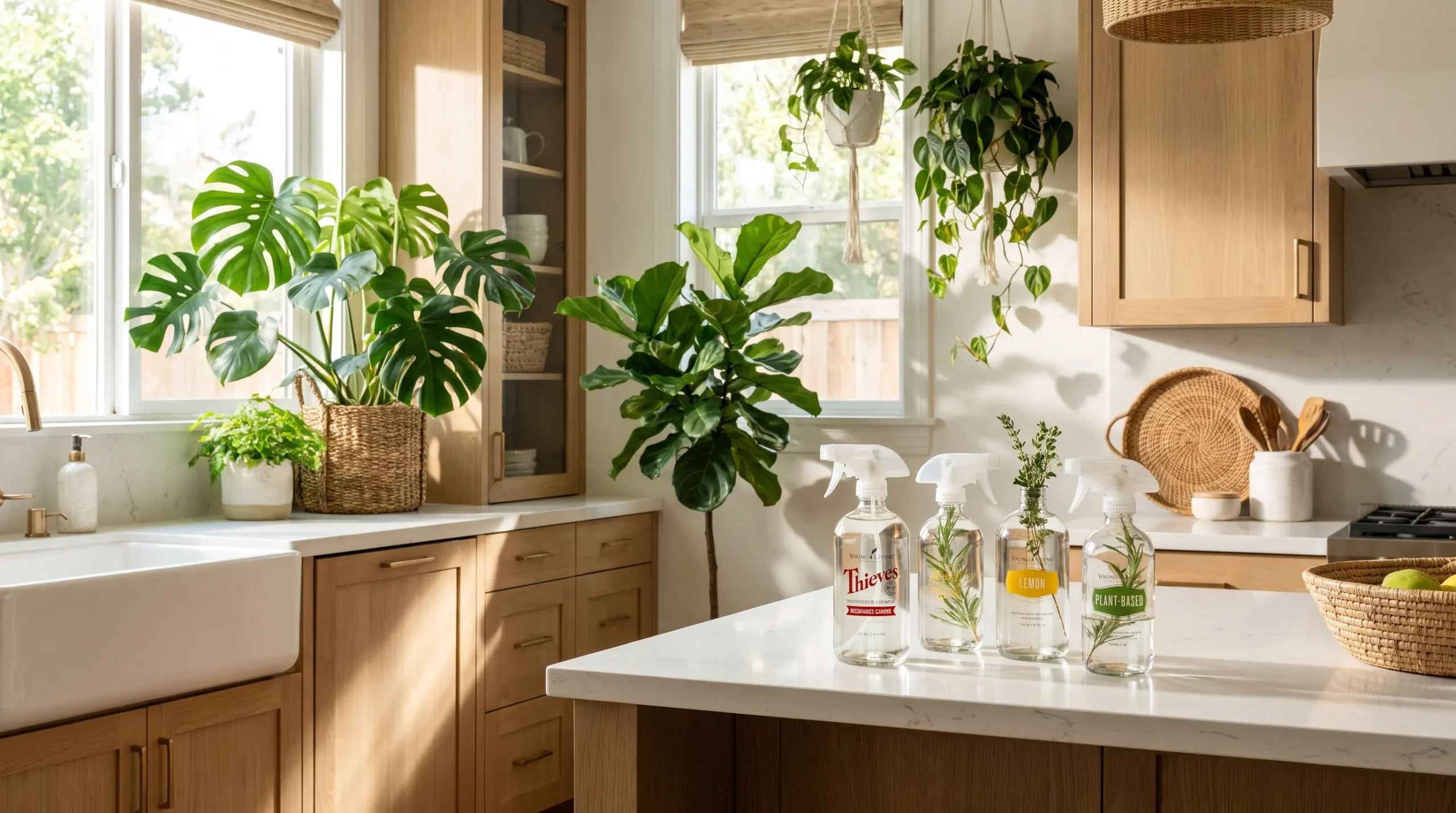 Limpiador doméstico Thieves de Young Living veganos y cruelty free en una cocina iluminada